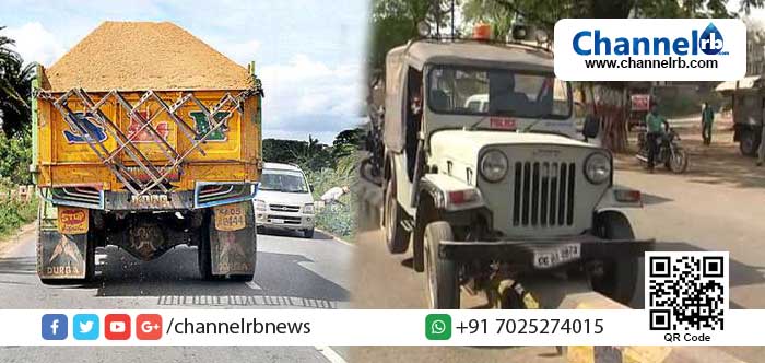 You are currently viewing സിനിമാ സ്‌റ്റൈലില്‍ ലോറി പോലിസ് ജീപ്പിലിടിച്ച് ഉദ്യോഗസ്ഥരെ വധിക്കാന്‍ ശ്രമം; രക്ഷപ്പെടാന്‍ ശ്രമിച്ച മണല്‍ ലോറിയെ പിന്തുടര്‍ന്നു പിടികൂടി