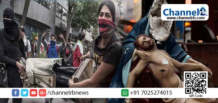 You are currently viewing ചിലിയില്‍ പ്രക്ഷോഭം; പള്ളികളില്‍ കയറി സാധനങ്ങള്‍ കൊള്ളയടിച്ചു; മതപരമായ കാന്‍വാസുകള്‍ ഉള്‍പ്പെടെയുള്ളവ തെരുവിലിട്ട് കത്തിക്കുന്നു