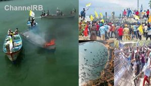 Read more about the article വള്ളം കത്തിച്ചും പൊലീസ് ബാരിക്കേഡുകൾ കടലിലെറിഞ്ഞും മത്സ്യ തൊഴിലാളികൾ; വിഴിഞ്ഞം സമരം നൂറാംദിനം, സമരക്കാർ മാധ്യമ പ്രവർത്തകരെ കയ്യേറ്റം ചെയ്‌തു