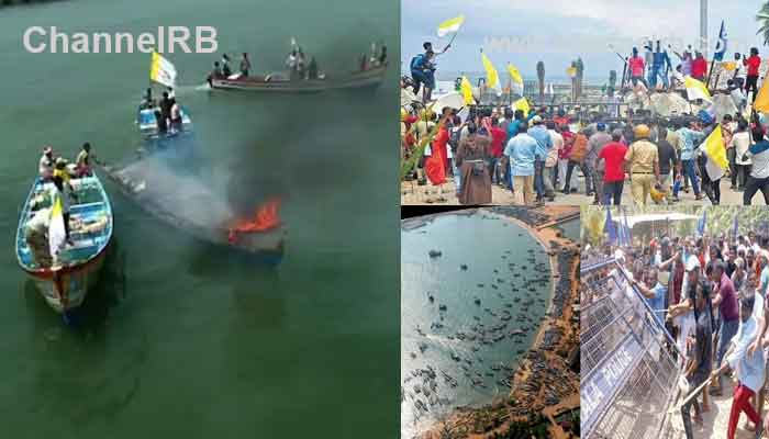 You are currently viewing വള്ളം കത്തിച്ചും പൊലീസ് ബാരിക്കേഡുകൾ കടലിലെറിഞ്ഞും മത്സ്യ തൊഴിലാളികൾ; വിഴിഞ്ഞം സമരം നൂറാംദിനം, സമരക്കാർ മാധ്യമ പ്രവർത്തകരെ കയ്യേറ്റം ചെയ്‌തു