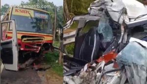 Read more about the article കെ.എസ്.ആര്‍.ടി.സി ബസും കാറും കൂട്ടിയിടിച്ച് ഒരാള്‍ മരിച്ചു; അപകടത്തില്‍ കാറിൻ്റെ മുന്‍ഭാഗം പൂര്‍ണമായും തകര്‍ന്നു